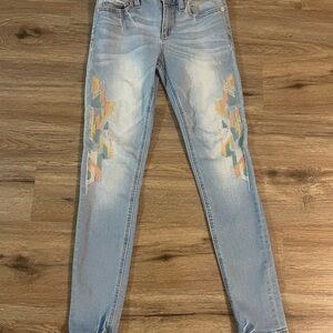 Miss Me Light Blue Skinny Jeans with Colorful Pattern